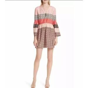 Derek Lam 10 Crosby Geo Ruffle Balloon Sleeve Dress 2 Pink Black Boho Western